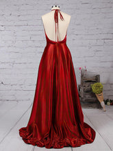 A-line Floor-length Halter Silk-like Satin Split Front Prom Dresses
